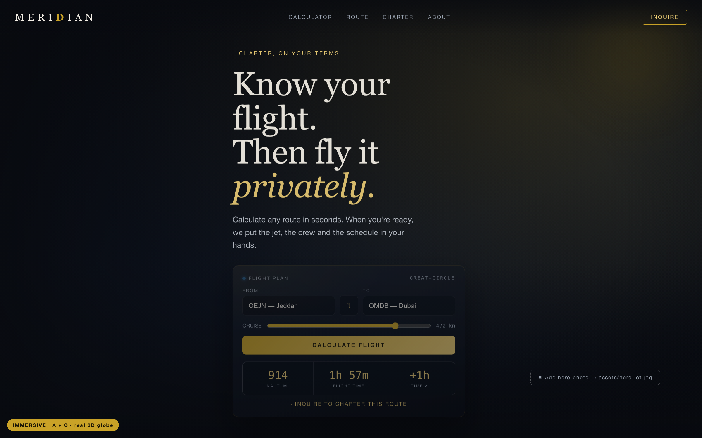 MERIDIAN private aviation lead-generation website with a flight-time calculator, by Syncova