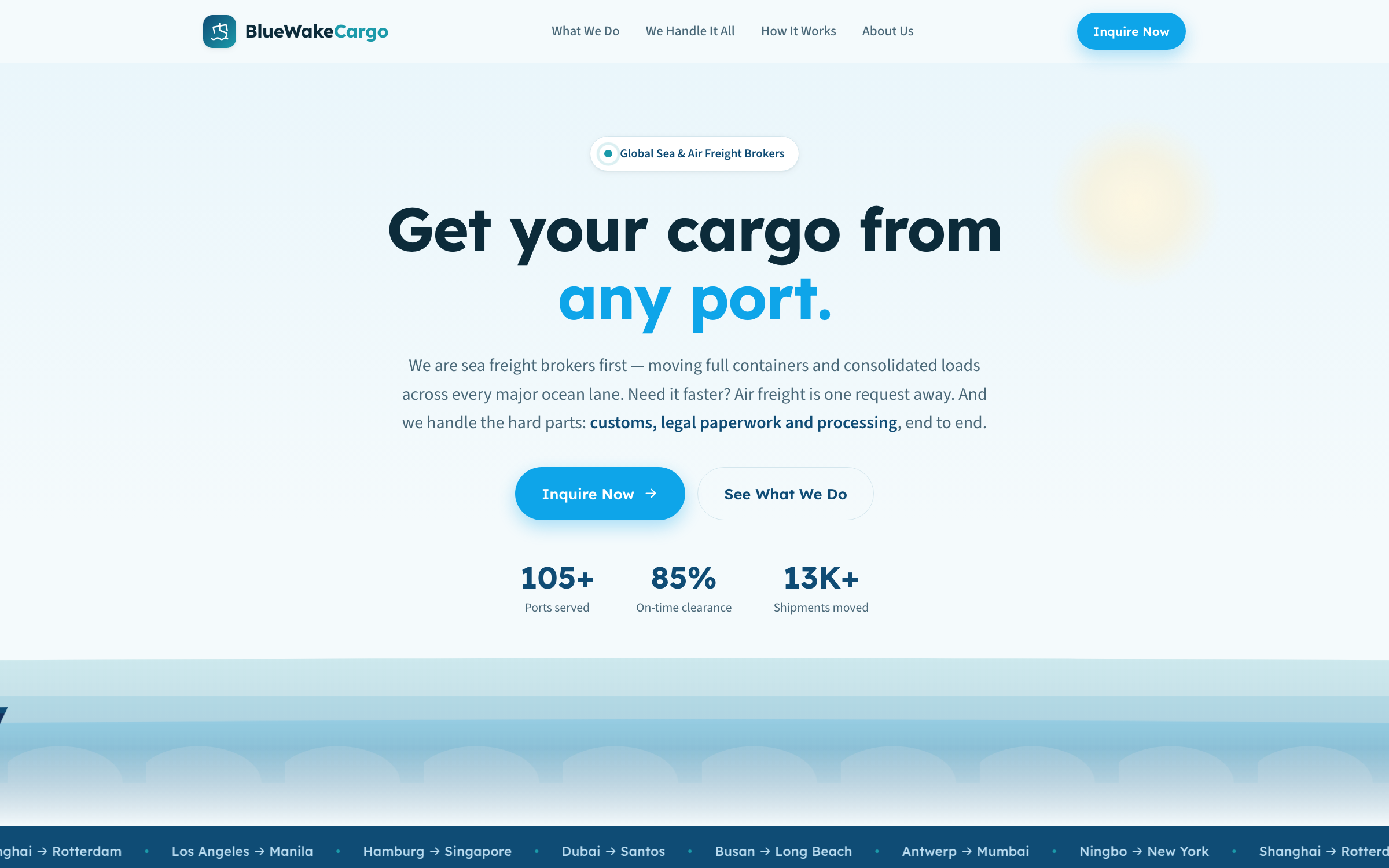 BlueWake Cargo sea and air freight brokerage website with a quote flow, by Syncova